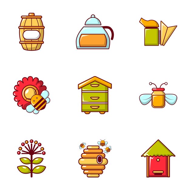 Vector conjunto de iconos de herramientas de apicultura, estilo plano