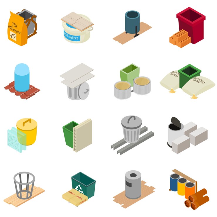 Vector conjunto de iconos de herramientas de construcción, estilo isométrico
