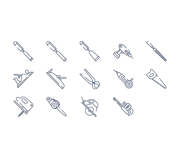 Conjunto de iconos de herramientas y equipos de carpintería
