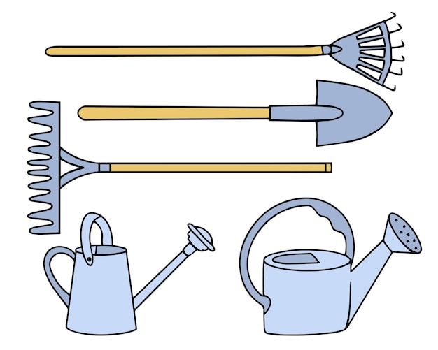Conjunto de iconos de herramientas de jardín en estilo doodle Ilustración vectorial de una pala rastrillo de riego Vector