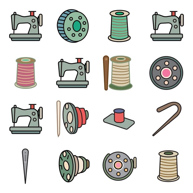 Conjunto de iconos de herramientas y máquinas de coser Ilustraciones vectoriales coloridas