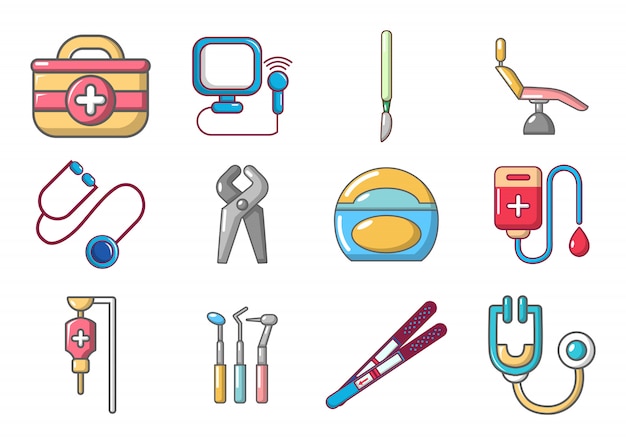 Énfasis sin cable Seguir Conjunto de iconos de herramientas médicas. conjunto de dibujos animados de  herramientas médicas vector iconos conjunto aislado | Vector Premium