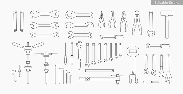 Conjunto de iconos de herramientas de reparación de bicicletas Ilustración lineal sencilla de herramientas de bicicleta para mecánicos de bicicleta en el hogar