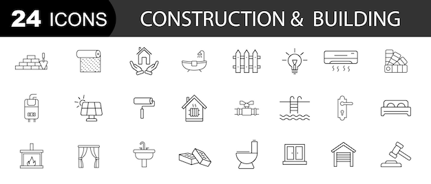 Conjunto de iconos herramientas de reparación de viviendas de construcción Conjunto de bienes raíces de iconos web en estilo de línea Ilustración vectorial