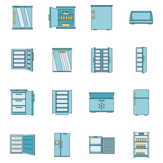 Conjunto de iconos de hielo congelado de la nevera Ilustración general de 16 iconos vectoriales de hielo congelado de la nevera Color de línea delgada plana en blanco