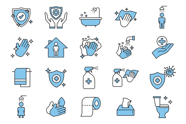 El conjunto de iconos de higiene incluye la higiene de las manos, la desinfección, el lavado de manos, la limpieza de inodoros, el concepto de limpieza, el diseño de estilo de los iconos de dos tonos, el diseño vectorial simple y editable.