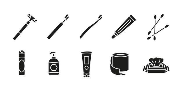 Conjunto de iconos de higiene en negro Cuidado personal y aseo El concepto de artículos esenciales para el baño El cepillo de dientes La afeitadora