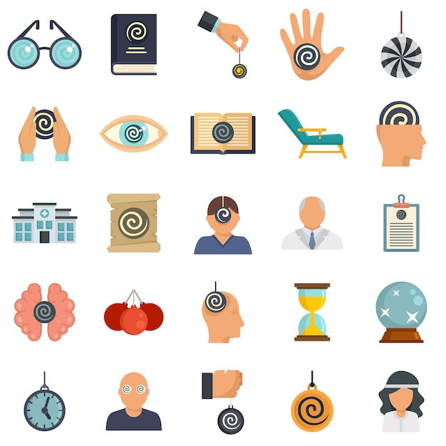 Conjunto de iconos de hipnosis. Conjunto plano de iconos de vector de hipnosis aislado sobre fondo blanco