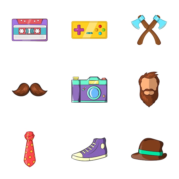 Conjunto de iconos hipster, estilo de dibujos animados