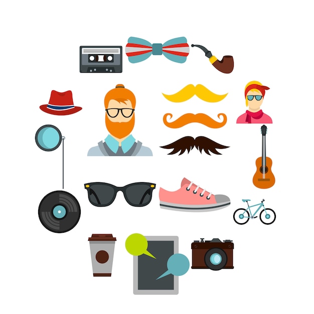 Conjunto de iconos de hipster, estilo plano