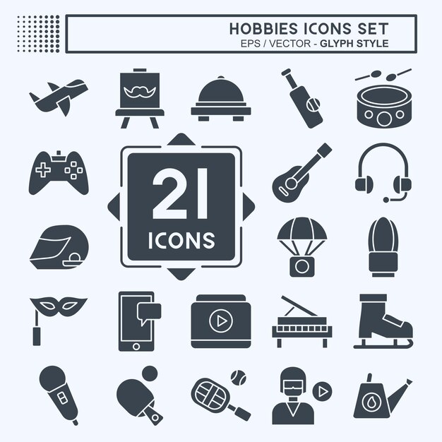 Conjunto de iconos Hobbies relacionados con Educación símbolo diseño de estilo glifo editable