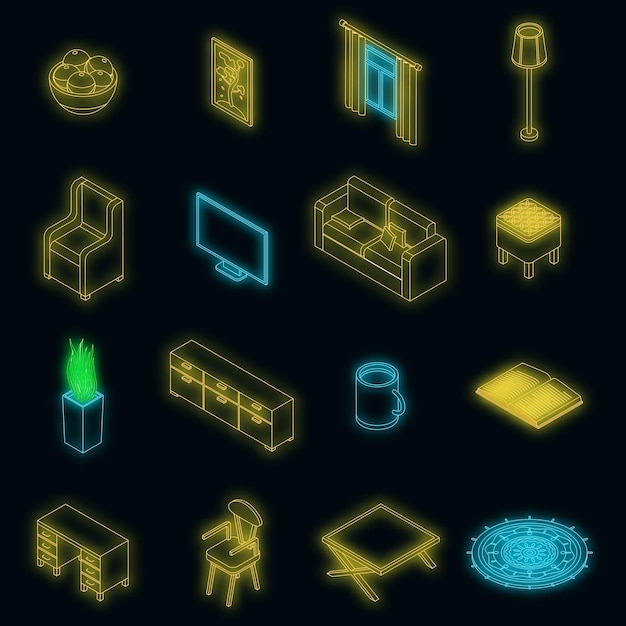 Conjunto de iconos de hogar acogedor neón vectorial