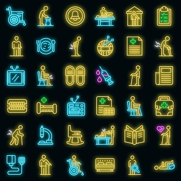 Conjunto de iconos de hogar de ancianos. Esquema conjunto de iconos de vector de hogar de ancianos color neón en negro