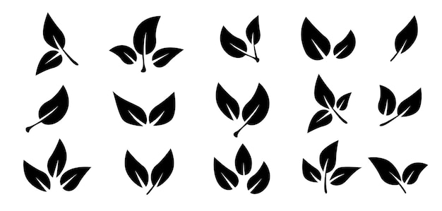 Conjunto de iconos de hojas negras Hojas de árboles y plantas Hojas sobre fondo blanco Ilustración vectorial de ecología