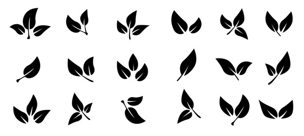 Conjunto de iconos de hojas negras Hojas de árboles y plantas Hojas sobre fondo blanco Ilustración vectorial de ecología