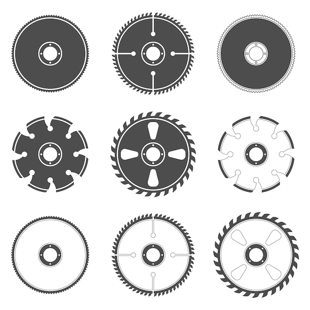 Conjunto de iconos de hojas de sierra circular aislado en un fondo blanco.