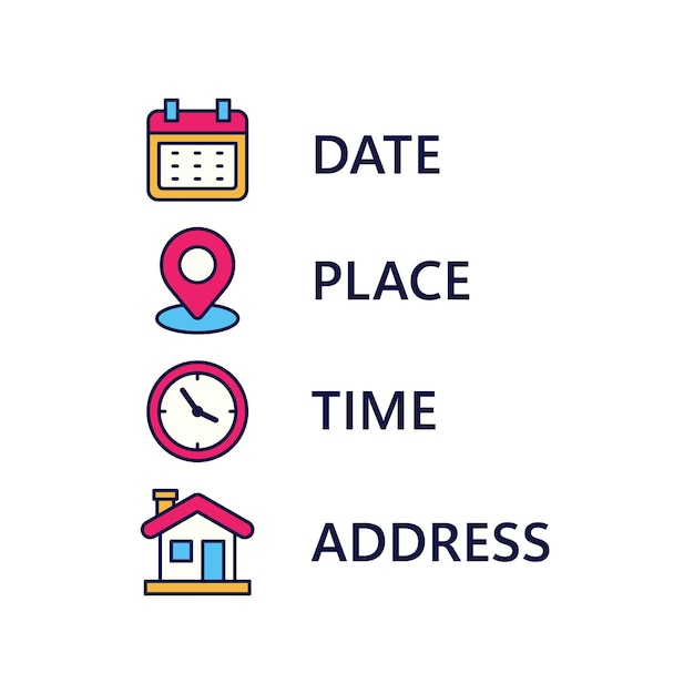 Conjunto de iconos de hora y ubicación con un diseño colorido Estilo de color lineal de señal de hora y posición