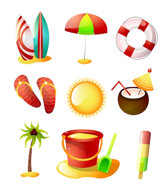 Vector conjunto de iconos de horario de verano, playa de arena caliente, felices fiestas