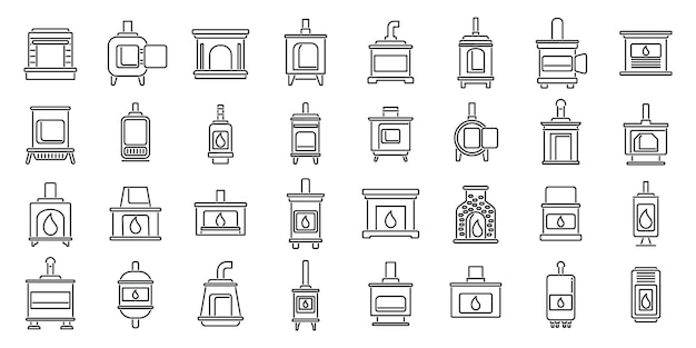 Conjunto de iconos de horno vector de contorno quemadura de ladrillo de gas de aire