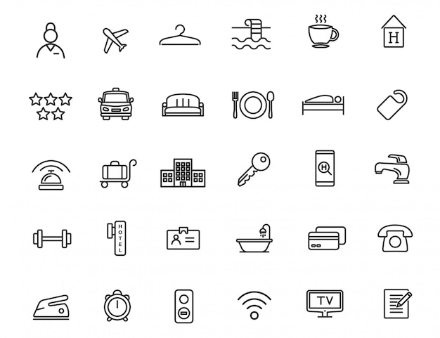 Conjunto de iconos de hotel lineal. iconos de viaje en diseño simple