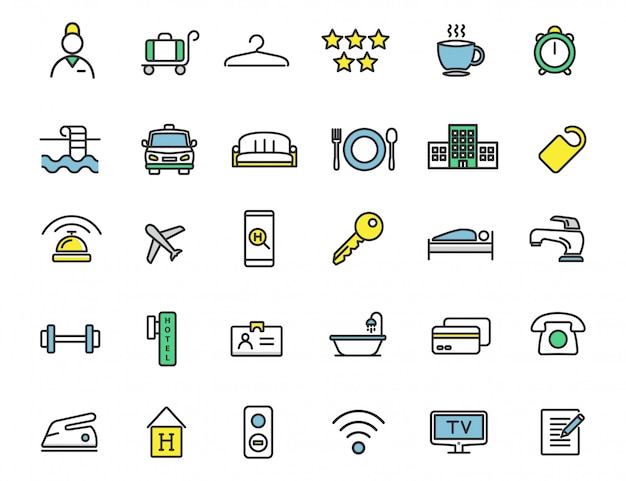 Conjunto de iconos de hotel lineal Iconos de viaje