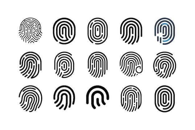 Conjunto de iconos de huellas dactilares en blanco y negro símbolos de seguridad biométrica identidad digital