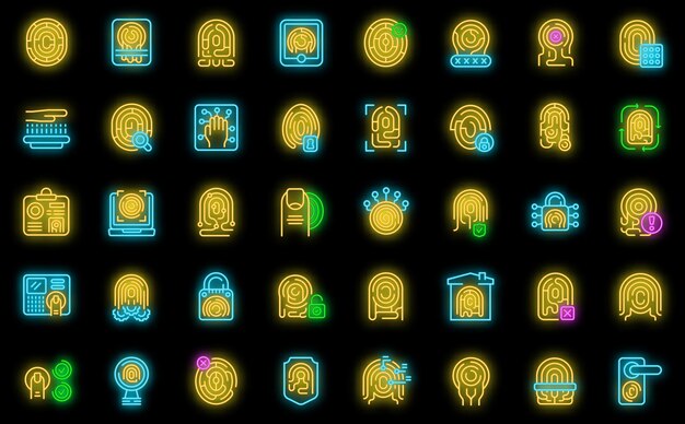 Conjunto de iconos de huellas dactilares neón vectorial
