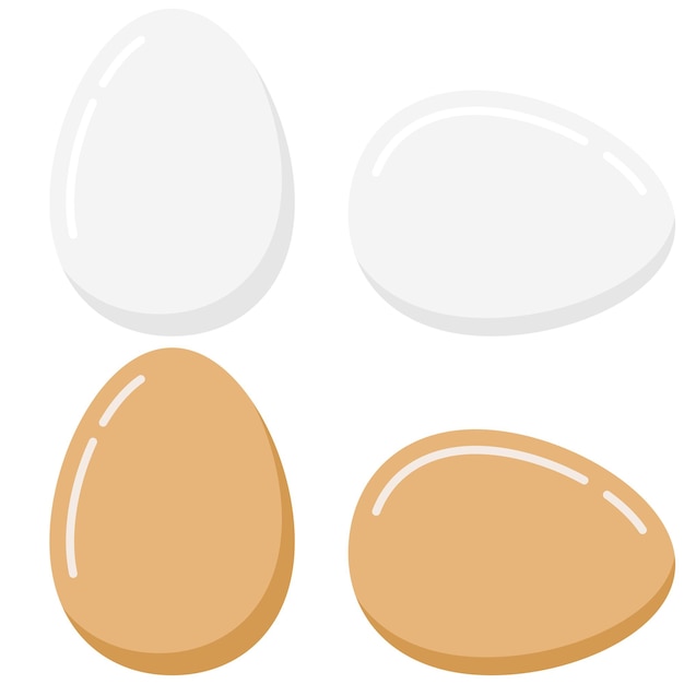 Conjunto de iconos de huevos aislado sobre fondo blanco. Los huevos de aves blancos y marrones claros frescos o hervidos mienten y colocan la ilustración del diseño plano del vector. Concepto de desayuno de huevo de gallina. Plantilla para vacaciones de Pascua.