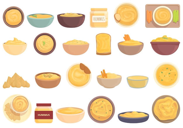 Conjunto de iconos de Hummus vector de dibujos animados Comida pita