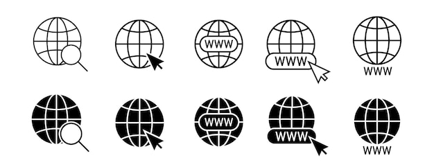 Conjunto de íconos de icono de globo de sitio web Íconos Www con cursor Íconos de vector www