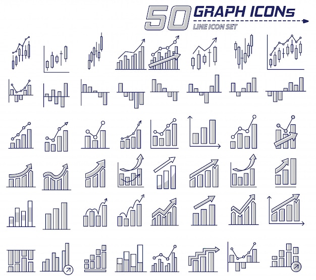 Conjunto de iconos de icono de gráfico de barras de línea plana de negocios en muchos estilo moderno minimalista