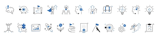 Conjunto de iconos de idea de negocio Estrategia de negocio Finanzas objetivo concepto de idea de inicio Objetivo de cohete Cerebro lindo