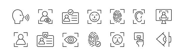 Conjunto de iconos de identificación Conjunto De iconos de línea de identidad Verificación de documentos Tarjeta de identificación Huella dactilar Cara Escáner de ojos Sonido Vector