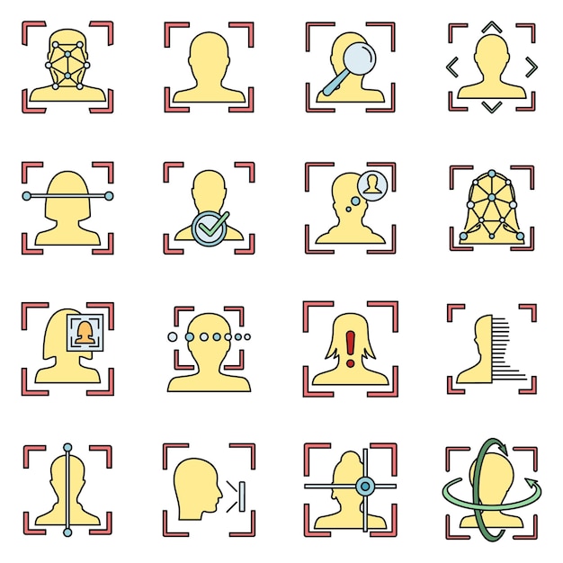 Conjunto de iconos de identificación facial Conjunto general de iconos vectoriales de identidad facial de línea delgada de color plano sobre blanco