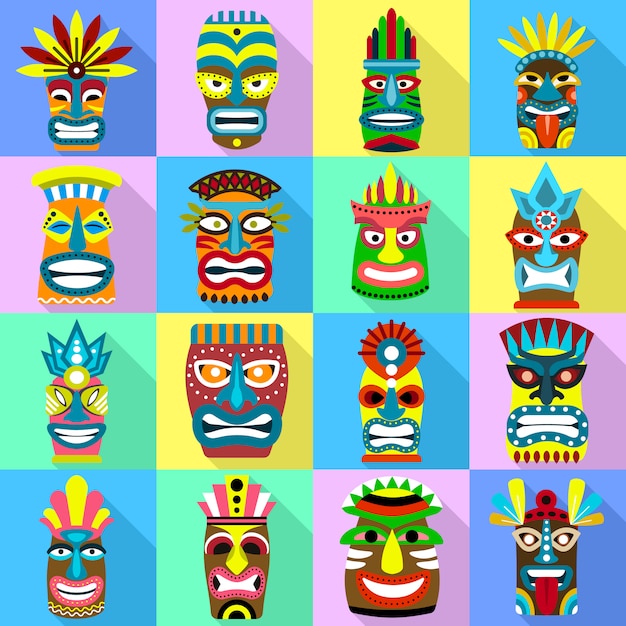 Conjunto de iconos de ídolos tiki. conjunto plano de tiki idols vector