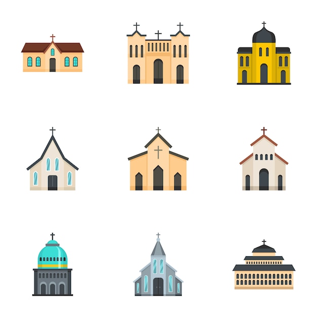 Conjunto de iconos de iglesia, estilo de dibujos animados