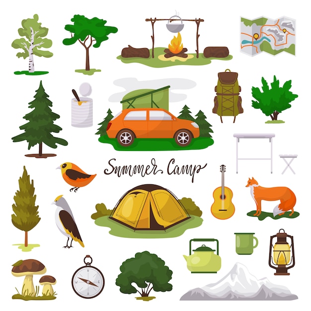 Conjunto de iconos de ilustración de aventura de campamento, equipo de campamento turístico de dibujos animados, mapa, carpa y fogata en blanco