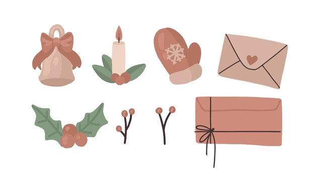 Conjunto de iconos de ilustración de vector de diseño plano de Navidad Elementos dibujados a mano aislados sobre fondo blanco