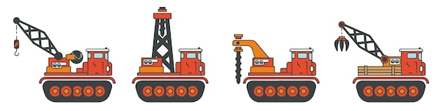 Conjunto de iconos de ilustración de vector plano de color maquinaria de construcción camión oruga Estilo retro simple Transporte de herramientas industriales de petróleo y gas Ingeniería de negocios de construcción Tractor de potencia diesel