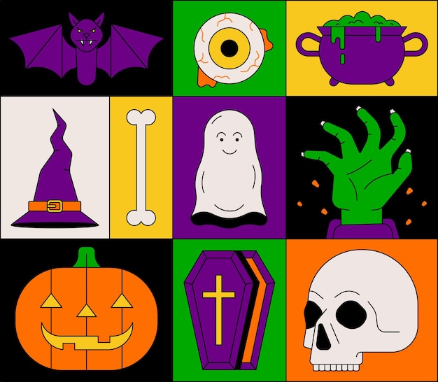 Vector conjunto de iconos de ilustración vectorial de halloween. murciélago, ojo, poción, sombrero, hueso, fantasma, mano zombie, calabaza.