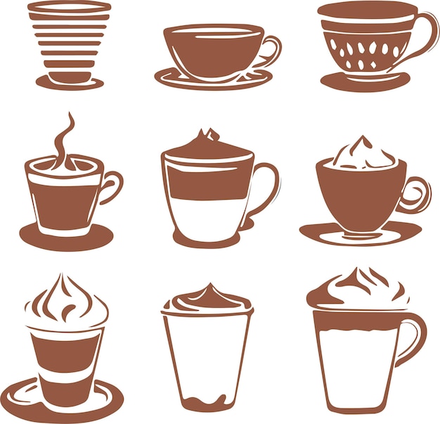 Conjunto de iconos de ilustración vectorial de nueve tazas diferentes de café aisladas en un fondo blanco