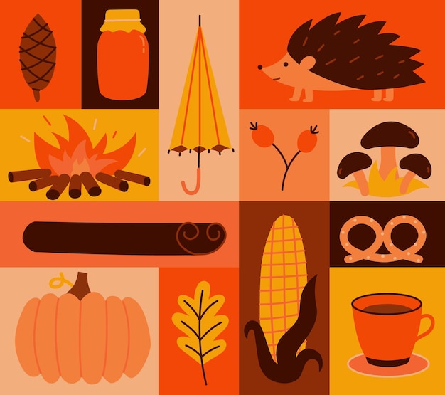 Vector conjunto de iconos de ilustración vectorial de otoño.