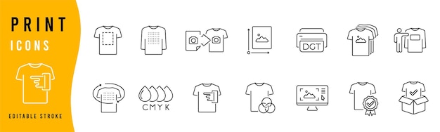 Conjunto de íconos de impresión de camisetas Impresora y elementos de camiseta Impresión en ropa Ilustración de ícones lineales