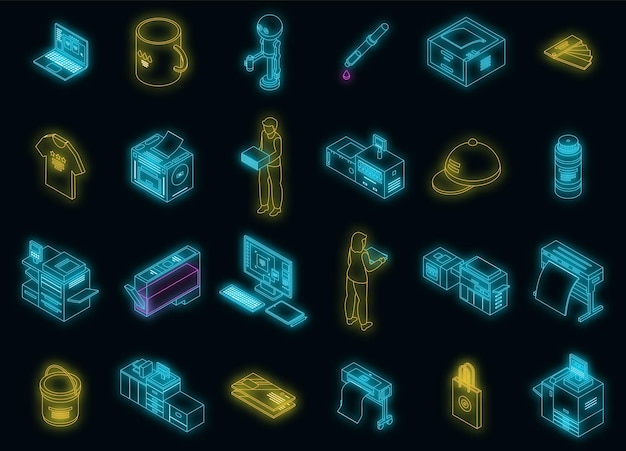 Conjunto de iconos de impresión digital neón vectorial