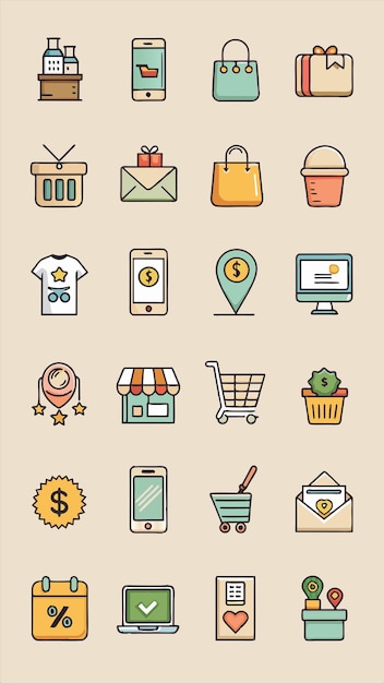 un conjunto de iconos incluyendo un carrito de compras un letrero que dice correo