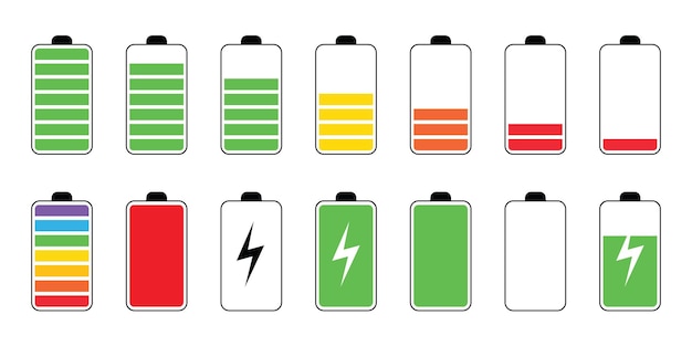 Conjunto de iconos del indicador de carga de la batería. Ilustración de vector sobre fondo negro.