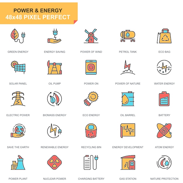 Conjunto de iconos de industria de energía de línea plana