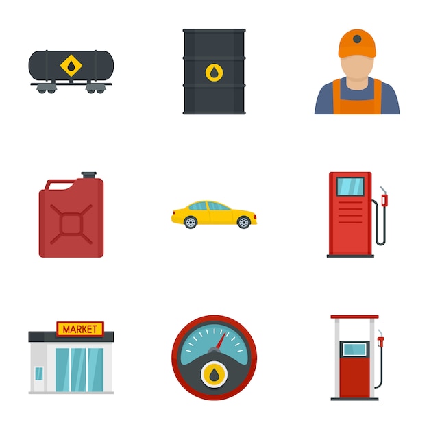 Conjunto de iconos de la industria de gasolina. Conjunto plano de 9 iconos de la industria del petróleo.
