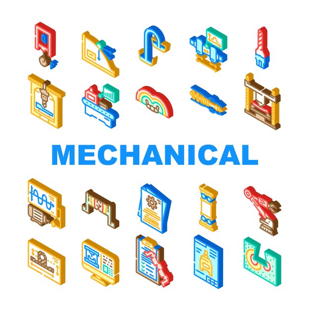 conjunto de iconos de la industria de ingenieros mecánicos vector tecnología máquina maquinaria trabajo fábrica blueprint motor trabajador de la construcción industria de ingenieros mecánicos ilustraciones de signos isométricos