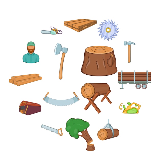Conjunto de iconos de la industria de la madera, estilo de dibujos animados